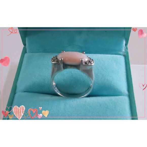 Pretty Vintage Pink Peruvian Opal & Marcasite Statement Ring Sz 7 - Picture 3 of 3